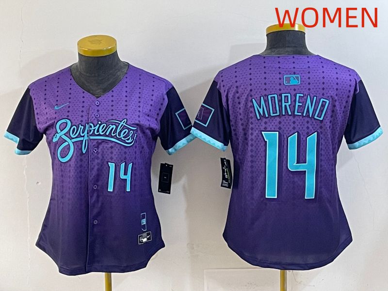 Women 2025 Arizona Diamondback #14 Moreno Purple Joint Name Nike MLB Jersey style 6->women mlb jersey->Women Jersey